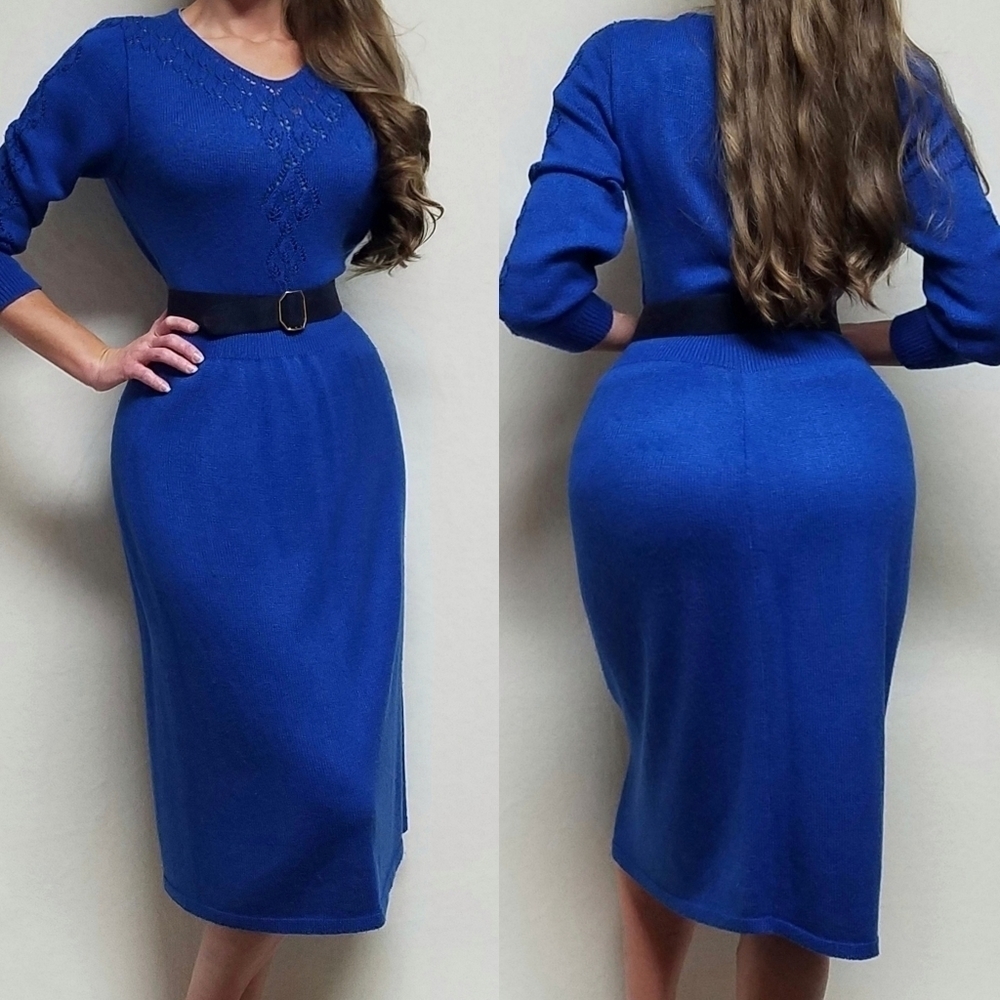 Vintage 70s Kay Windsor Blue Waffle Eyelet Knit Long Sleeve Sweater Midi Skirt